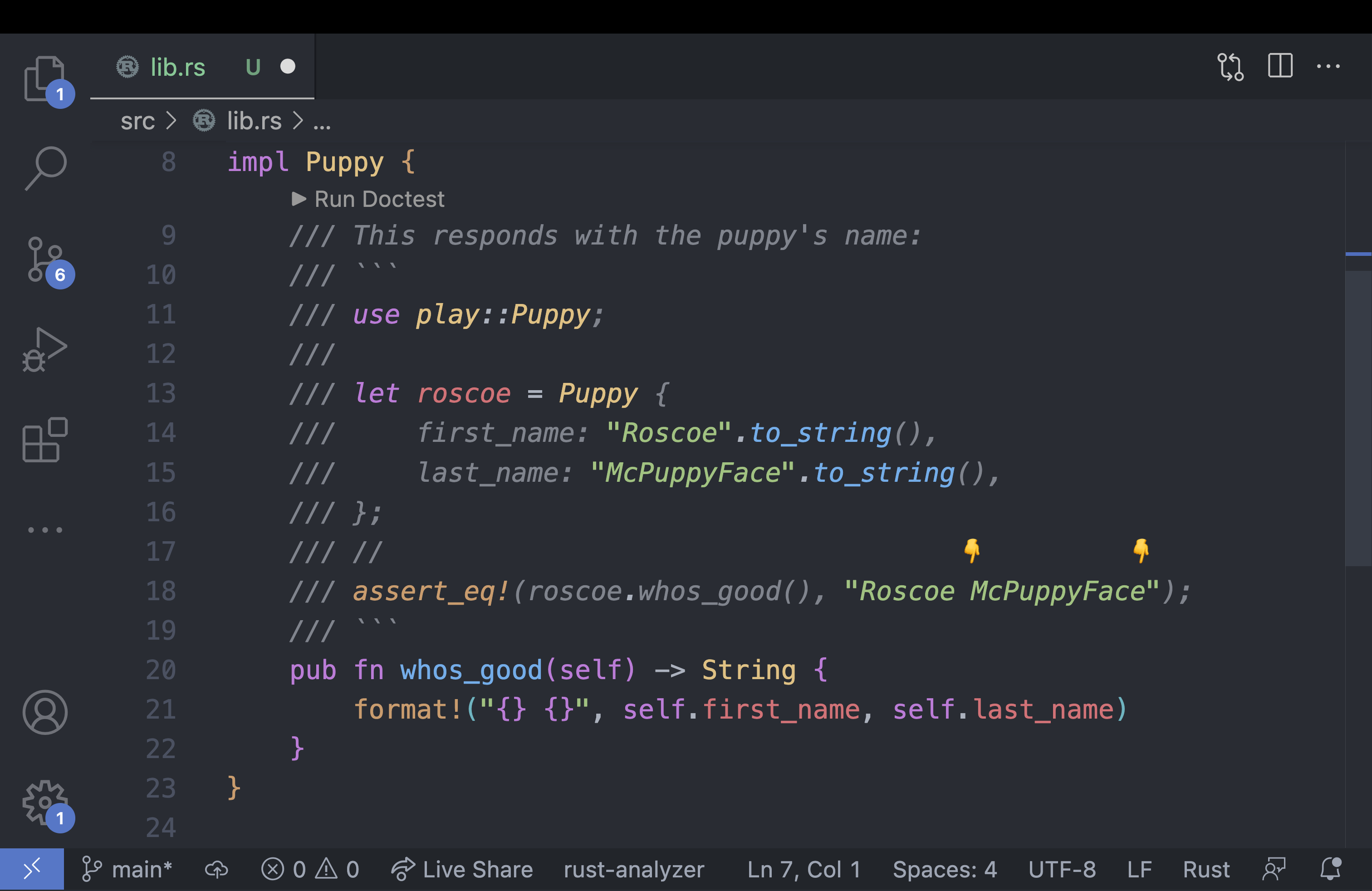 Screenshot of VS Code where the assertion has been modified to be:
assert\_eq!(roscoe.whos\_good(), "Roscoe McPuppyFace");