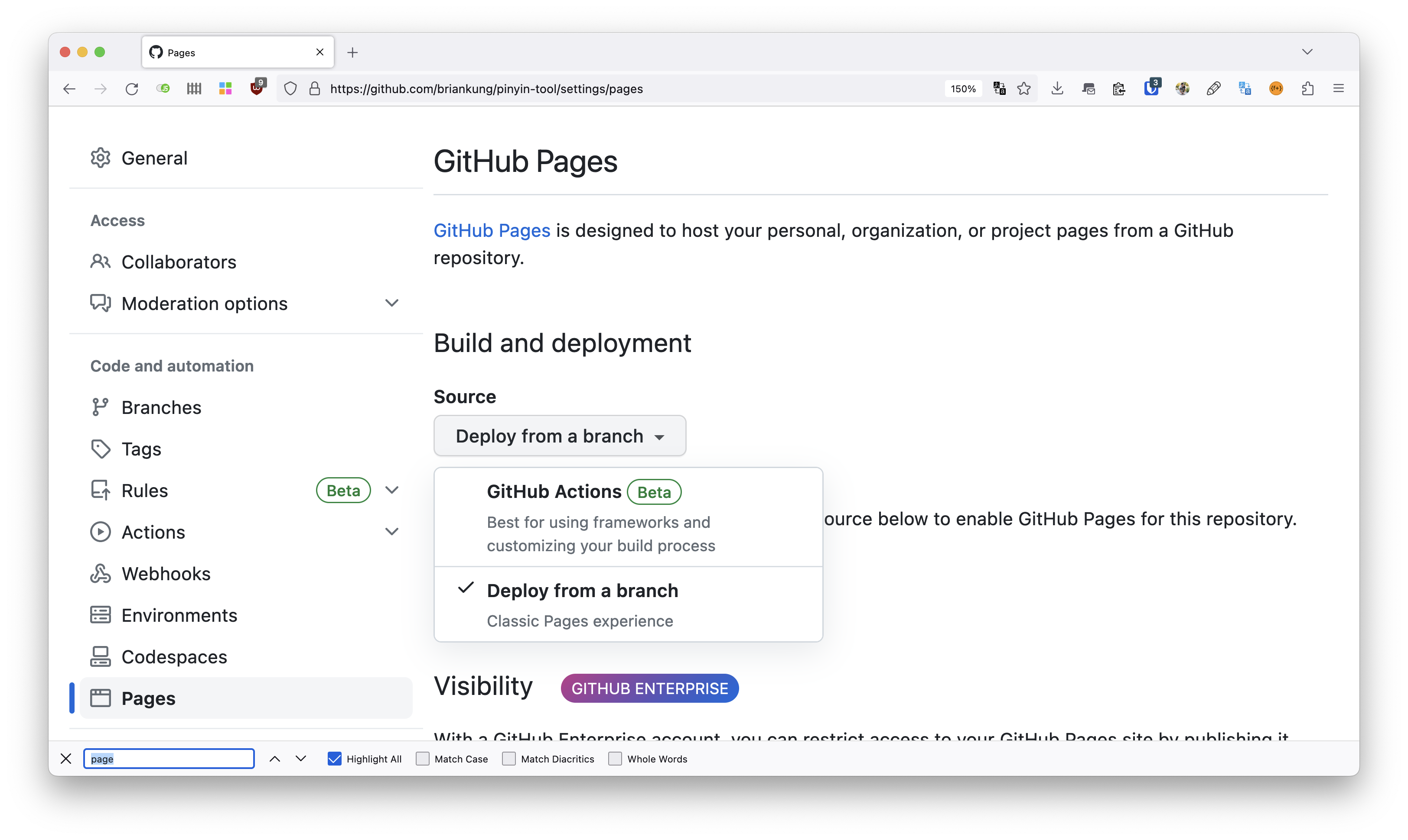 Screenshot showing the settings for https://github.com/user_name/repo_name/settings/pages where user_name and repo_name are your user and repo.
Under "Source" you can select "GitHub Actions" or "Deploy from a branch." We want to deploy from GitHub Actions.
